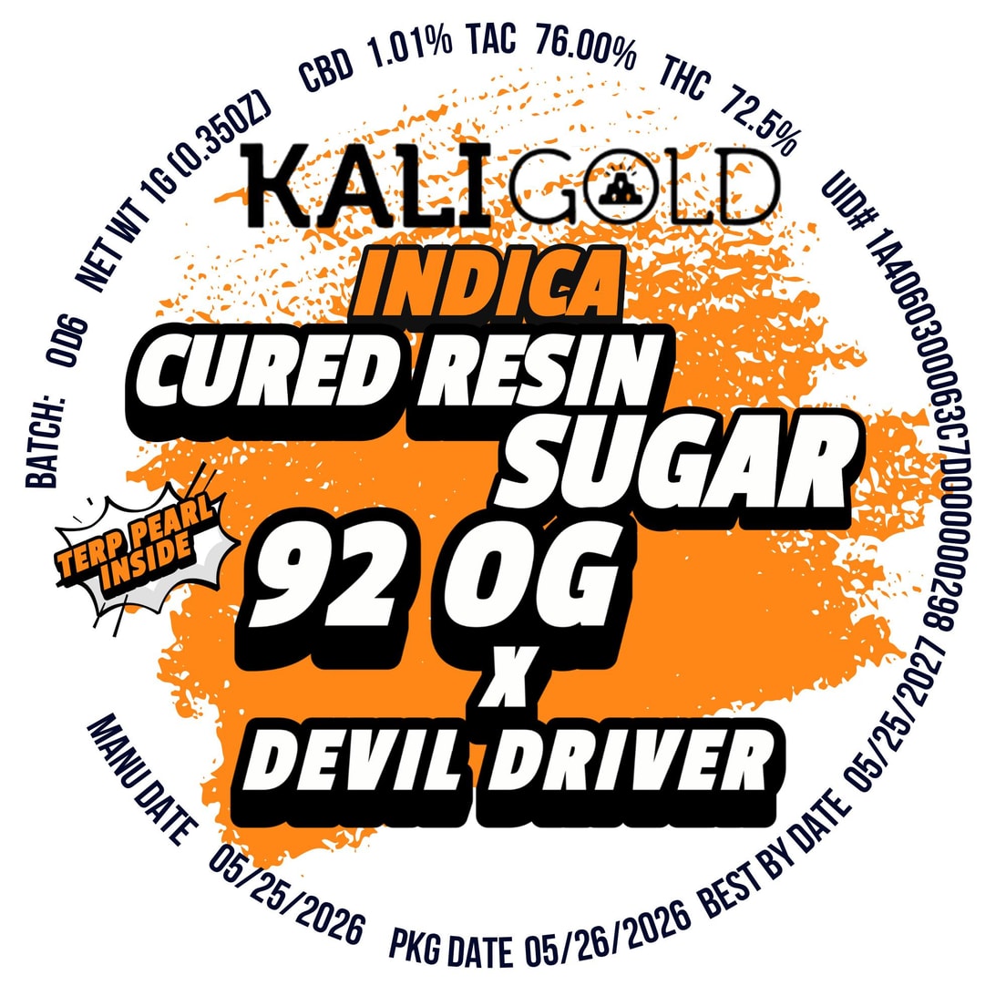 Kali Gold 92 OG x Devil Driver 1g Cured Resin Sugar 72%