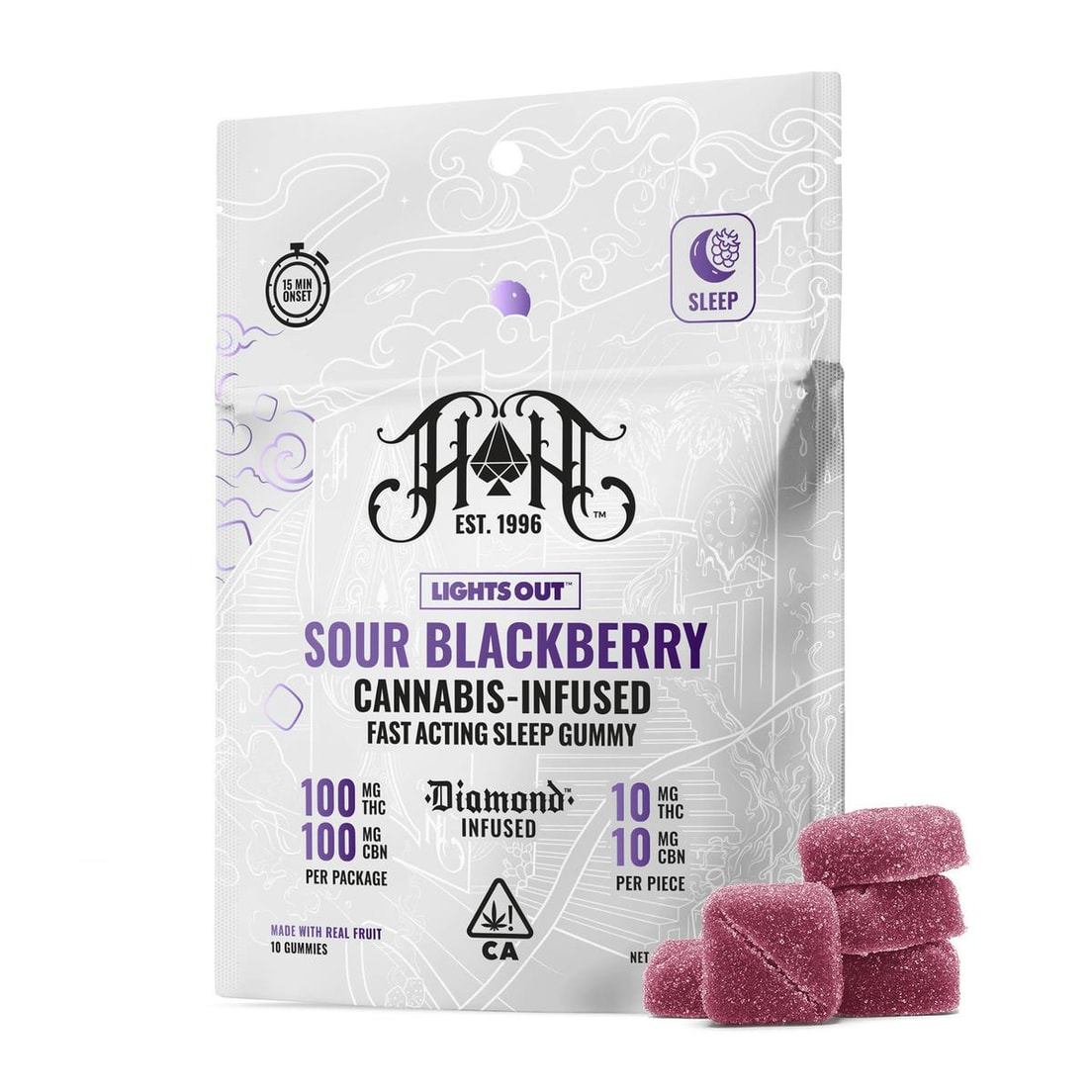 Heavy Hitters Sour Blackberry Lights Out Diamond Infused Fast-Acting Sleep Gummies 100mg THC 100mg CBN