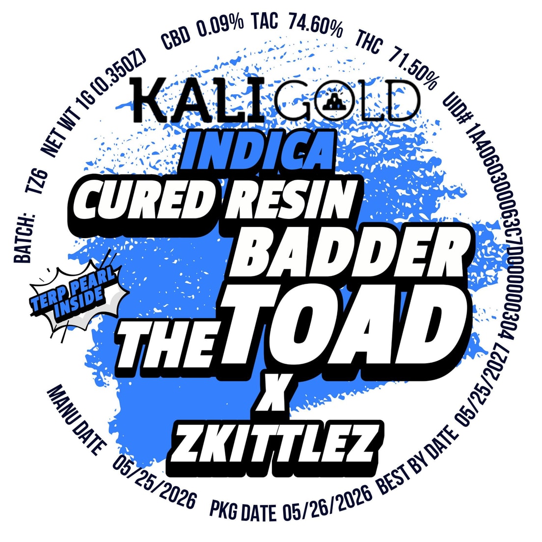 Kali Gold The Toad x Zkittlez 1g Cured Resin Badder 71%