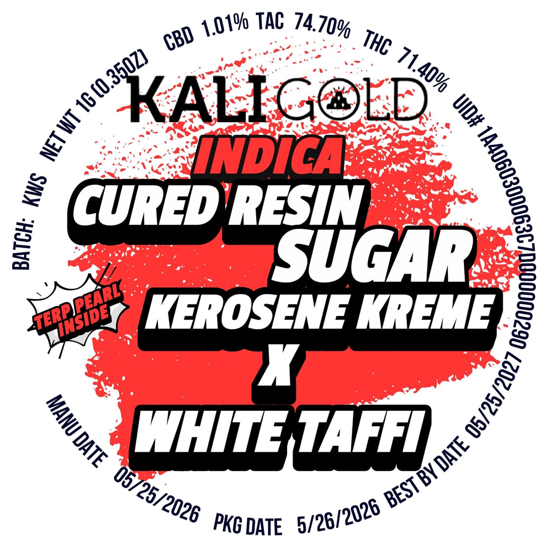 Kali Gold Kerosene Kreme x White Taffi 1g Cured Resin Sugar 71%