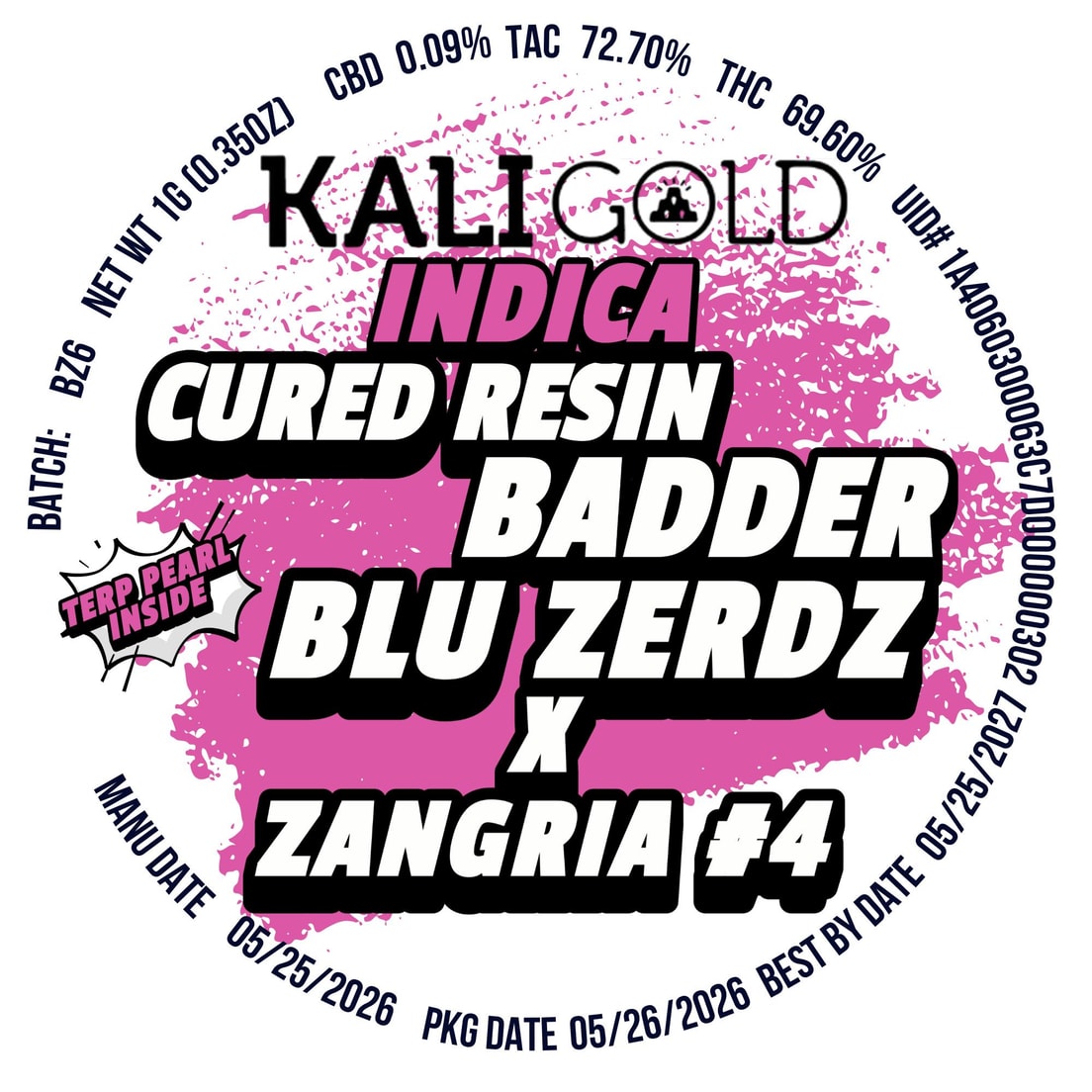 Kali Gold Blu Zerdz x Zangria #4 1g Cured Resin Badder 69%