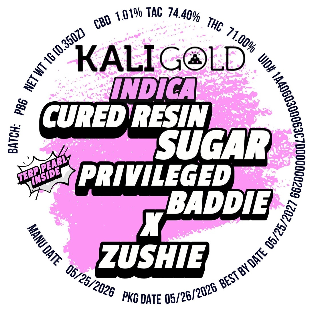 Kali Gold Privileged Baddie x Zushie 1g Cured Resin Sugar 71%
